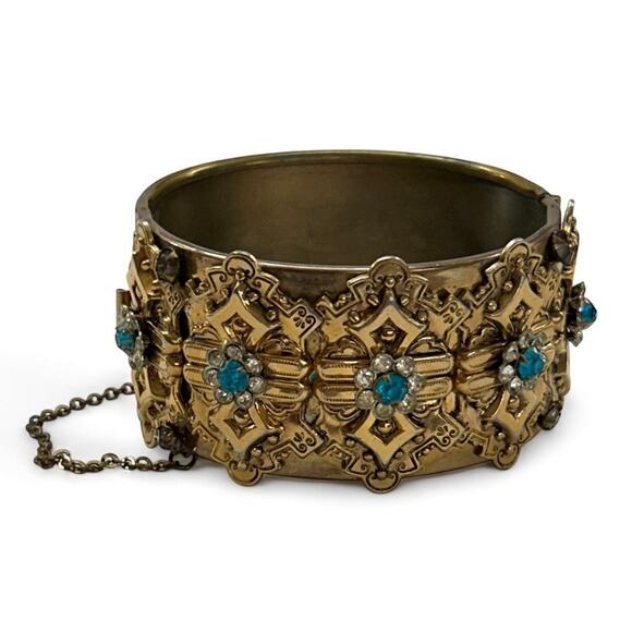 Vintage Cuff Bangle Bracelet Hinged Aquamarine Ornate